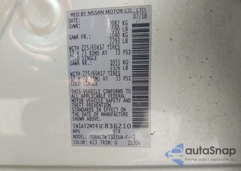 2018 Nissan Rogue Sv z USA, uszkodzony, nr VIN 5N1AT2MT4JC836210